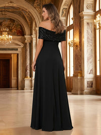 Off Shoulder Satin Sleeveless Pleated Mother of the Bride Dresses with Sequins