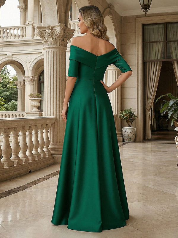 A-Line Off Shoulder Short Sleeve Long Ruched Mother of the Bride Dress Shirees A-Line Off Shoulder Short Sleeve Long Ruched Mother of the Bride Dress Shirees