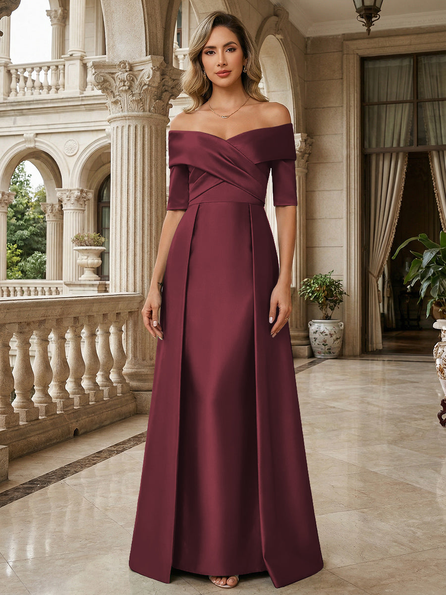 off the shoulder long sleeve mother of the bride dress Cabernet Chiffon Off the Shouldler Long Sleeves Mother of the Bride Dress with Lace