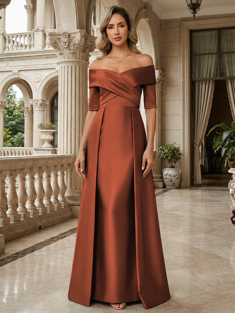 mother of the bride dress burnt orange Azazie Sheath Boat Neck Floor-Length Stretch Satin Mother of the Bride or Groom Dresses