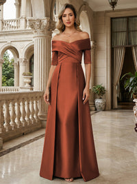 A-Line Off Shoulder Short Sleeve Long Ruched Mother of the Bride Dresses