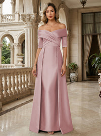 A-Line Off Shoulder Short Sleeve Long Ruched Mother of the Bride Dresses