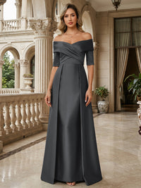 A-Line Off Shoulder Short Sleeve Long Ruched Mother of the Bride Dresses