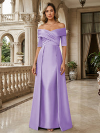 A-Line Off Shoulder Short Sleeve Long Ruched Mother of the Bride Dresses