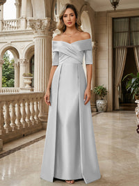 A-Line Off Shoulder Short Sleeve Long Ruched Mother of the Bride Dresses