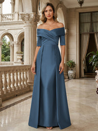 A-Line Off Shoulder Short Sleeve Long Ruched Mother of the Bride Dresses