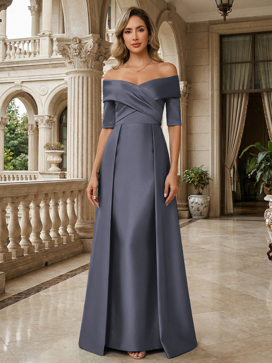 off the shoulder mother of the bride dress with sleeves Beaded Off Shoulder Half Sleeve Satin Mother of Bride Dress
