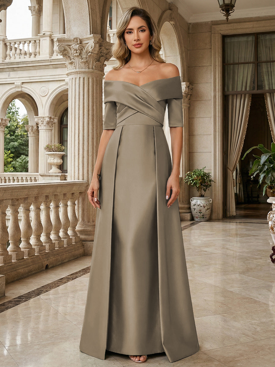 Shirees Taupe A-Line Off Shoulder Short Sleeve Long Ruched Mother of the Bride Dresses 2026