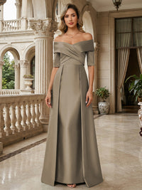 A-Line Off Shoulder Short Sleeve Long Ruched Mother of the Bride Dresses