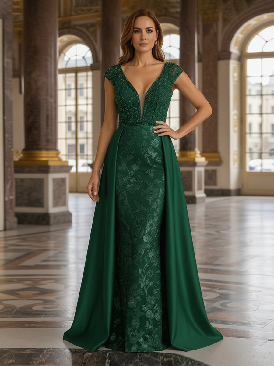 Sheath V Neck Beaded Floor Length Mother of the Bride Dresses with Jacquard