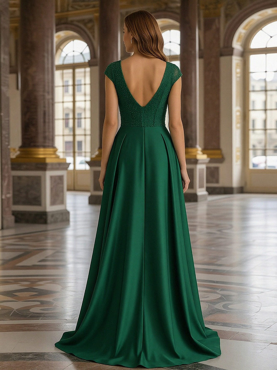 Sheath V Neck Beaded Floor Length Mother of the Bride Dresses with Jacquard