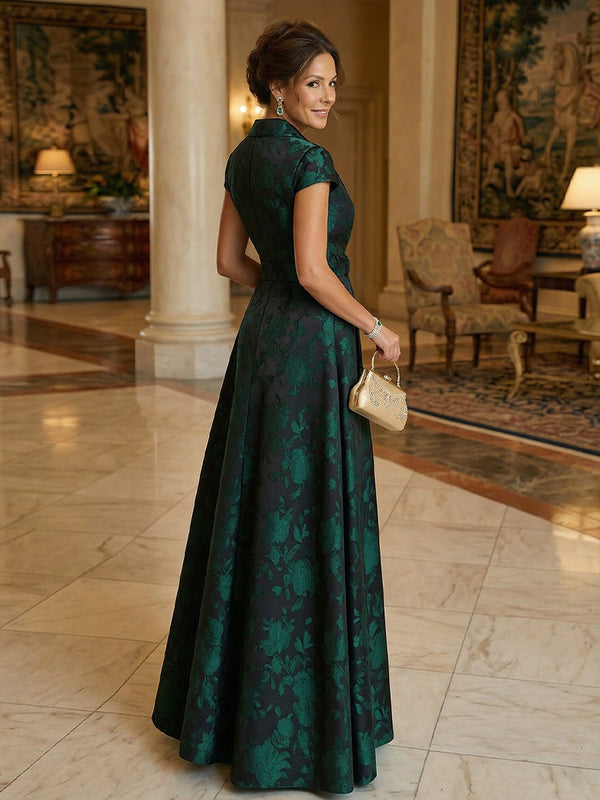 A Line/Princess V Neck Long Jacquard Mother of the Bride Dresses with Bow