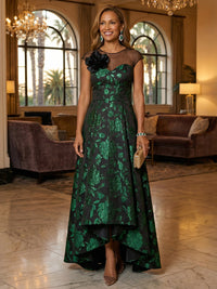 A Line/Princess Scoop Asymmetrical Jacquard Mother of the Bride Dresses with Flower