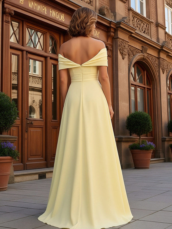Sheath Off Shoulder Floor Length Simple Ruched Mother of the Bride Dresses