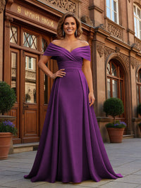 Sheath Off Shoulder Floor Length Simple Ruched Mother of the Bride Dresses