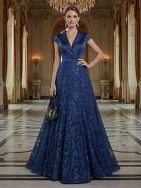 A Line/Princess V Neck Sequined Elegant Mother of the Bride Dresses with Lace Appliques