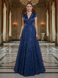 A Line/Princess V Neck Sequined Elegant Mother of the Bride Dresses with Lace Appliques