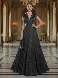 A Line/Princess V Neck Sequined Elegant Mother of the Bride Dresses with Lace Appliques