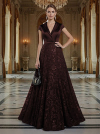 A Line/Princess V Neck Sequined Elegant Mother of the Bride Dresses with Lace Appliques