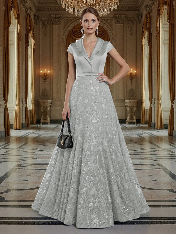 A Line/Princess V Neck Sequined Elegant Mother of the Bride Dresses with Lace Appliques