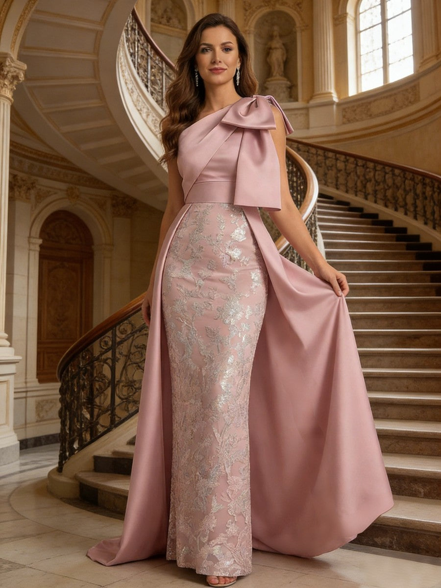 Sheath One Shoulder Bow Elegant Mother of the Bride Dresses with Lace Appliques