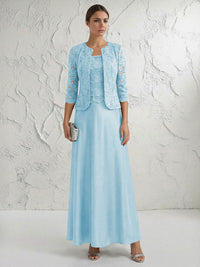 A Line/Princess Square Neck 3/4 Sleeve Mother of the Bride Dresses with Lace Appliques