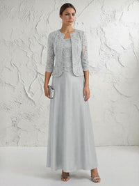 A Line/Princess Square Neck 3/4 Sleeve Mother of the Bride Dresses with Lace Appliques
