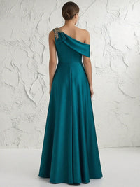 A Line One Shoulder Pleated Floor Length Mother of the Bride Dresses with Rhinestones