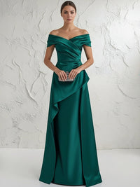 A Line Off Shoulder Floor Length Ruched Mother of the Bride Dresses