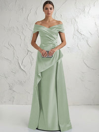 A Line Off Shoulder Floor Length Ruched Mother of the Bride Dresses