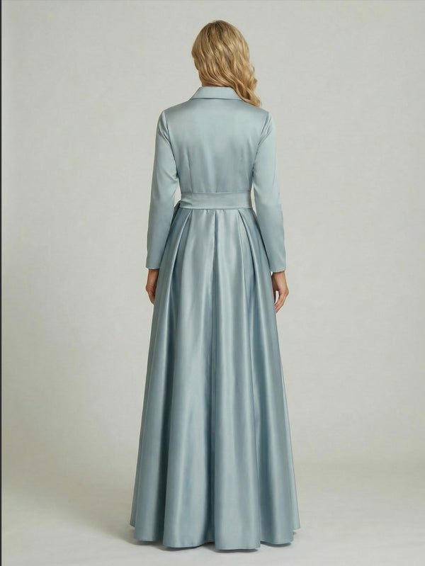 A Line Long Sleeve Floor Length Beaded Mother of the Bride Dresses with Belt