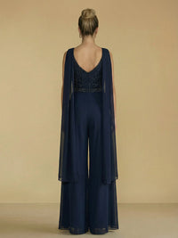 Jumpsuit V Neck Sparkly Sequined Mother of the Bride Dresses with Scarf