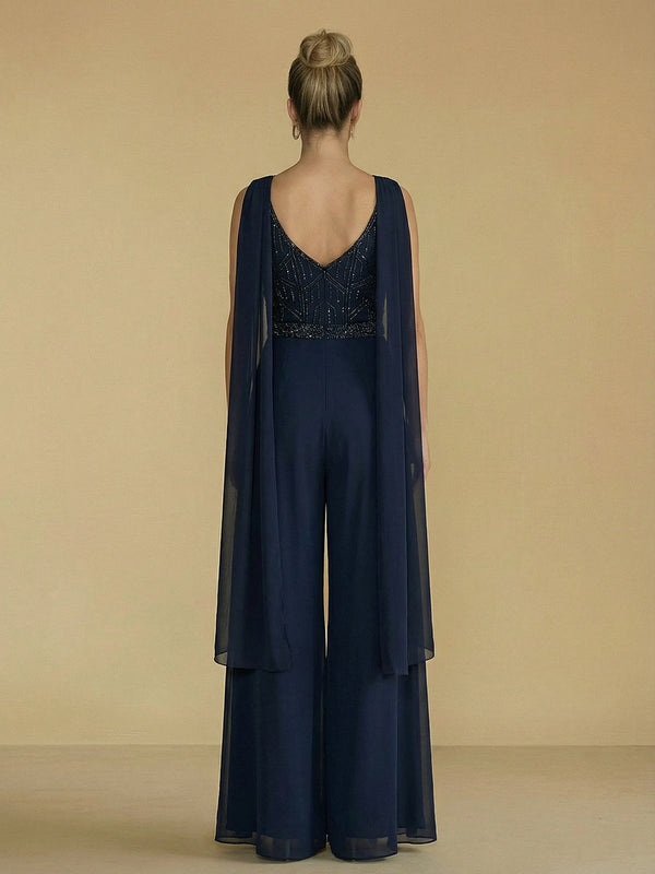 Jumpsuit V Neck Sparkly Sequined Mother of the Bride Dresses with Scarf