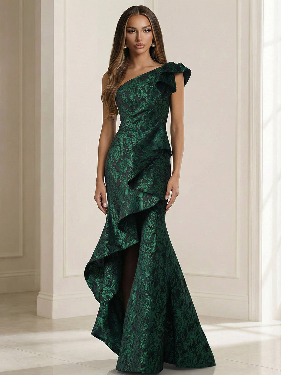 Sheath One Shoulder Jacquard Floor Length Mother of the Bride Dresses with Ruffles