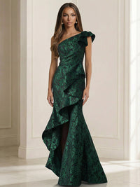 Sheath One Shoulder Jacquard Floor Length Mother of the Bride Dresses with Ruffles