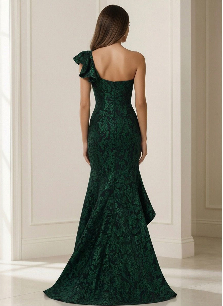 Sheath One Shoulder Jacquard Floor Length Mother of the Bride Dresses with Ruffles
