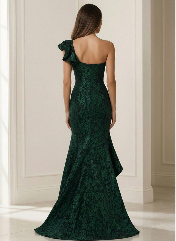 Sheath One Shoulder Jacquard Floor Length Mother of the Bride Dresses with Ruffles