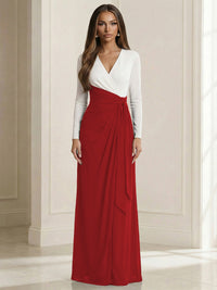 A Line V Neck Long Sleeve Simple Ruched Mother of the Bride Dresses with Belt