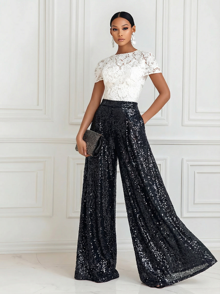 Jumpsuit Scoop Neck Lace Short Sleeve Mother of the Bride Dresses