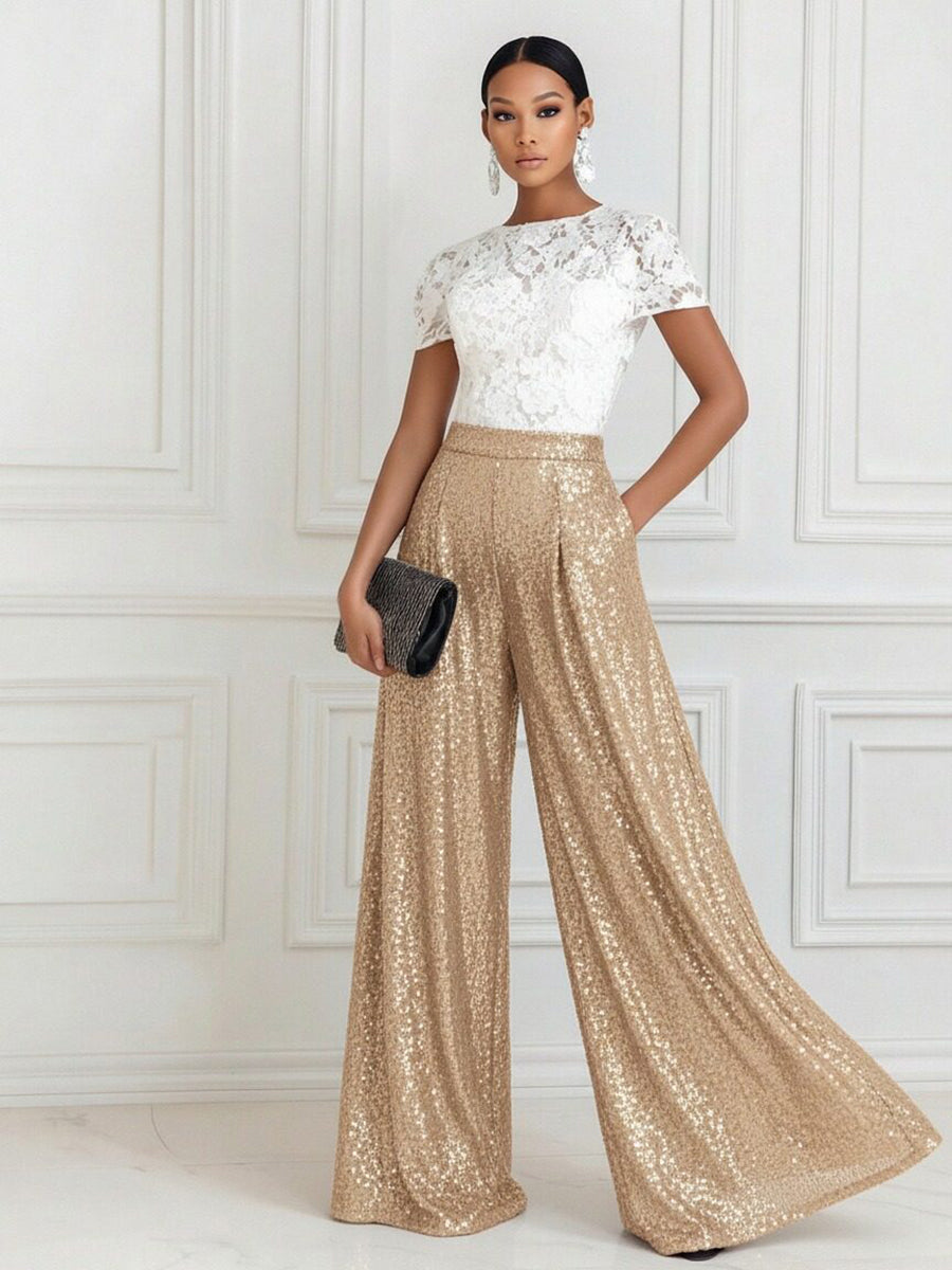 Jumpsuit Scoop Neck Lace Short Sleeve Mother of the Bride Dresses