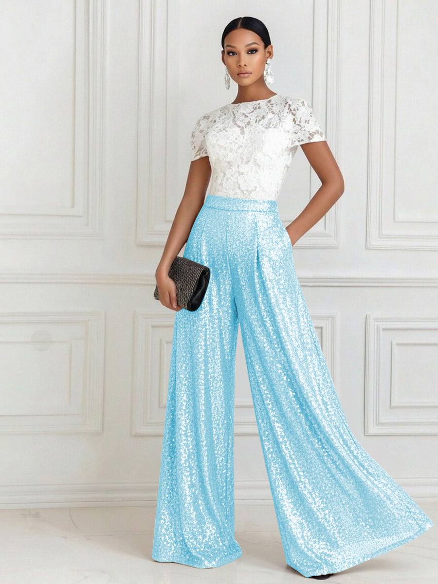 Jumpsuit Scoop Neck Lace Short Sleeve Mother of the Bride Dresses