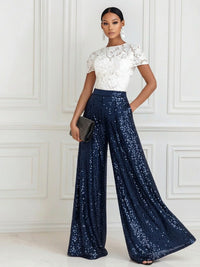 Jumpsuit Scoop Neck Lace Short Sleeve Mother of the Bride Dresses