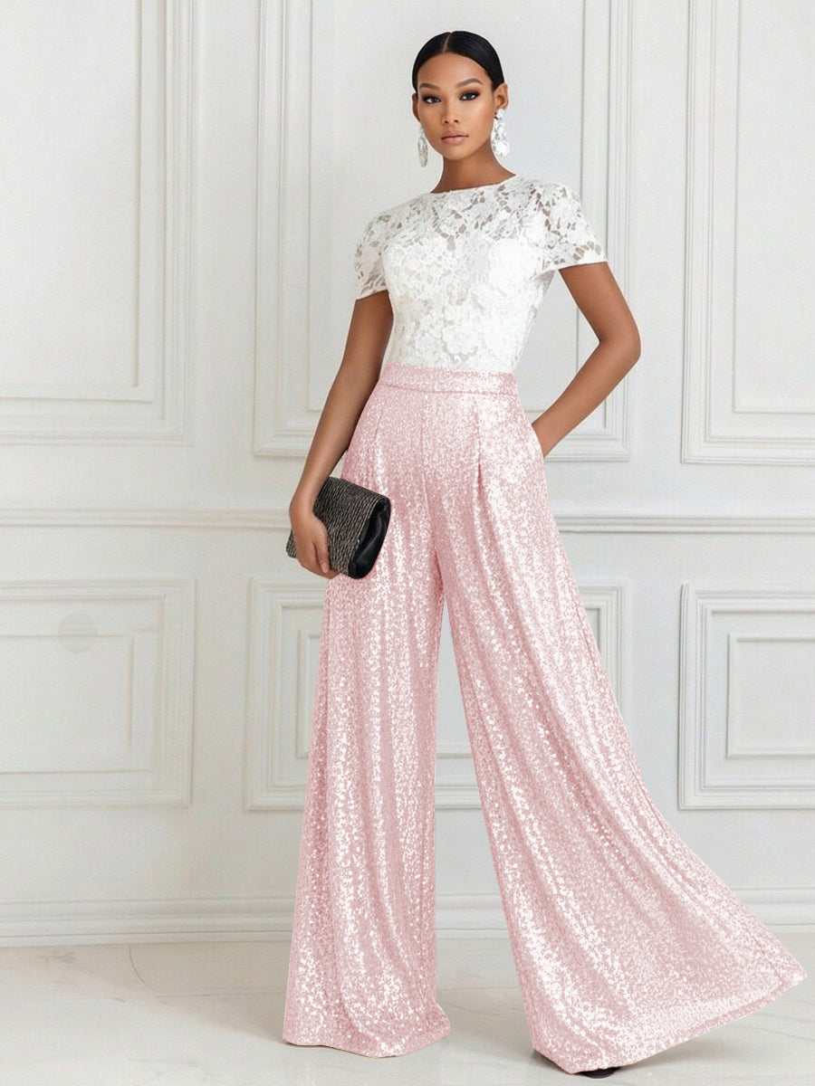 Jumpsuit Scoop Neck Lace Short Sleeve Mother of the Bride Dresses