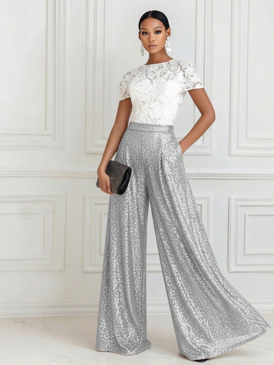 Jumpsuit Scoop Neck Lace Short Sleeve Mother of the Bride Dresses