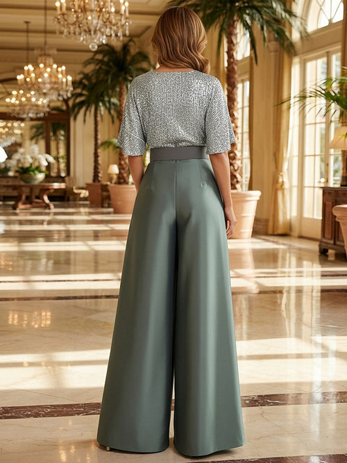 Jumpsuit V Neck Half Sleeve Long Sparkling Mother of the Bride Dresses with Belt