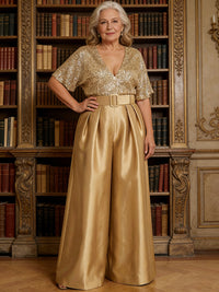 Jumpsuit V Neck Half Sleeve Long Sparkling Mother of the Bride Dresses with Belt