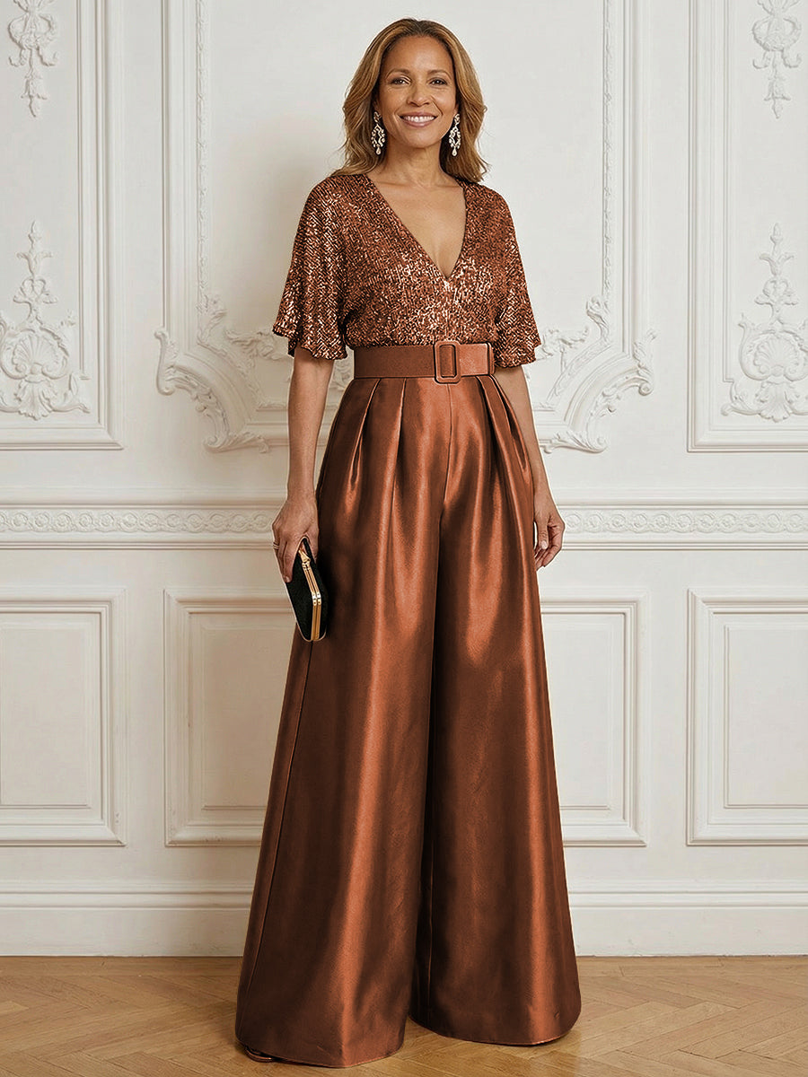Jumpsuit V Neck Half Sleeve Long Sparkling Mother of the Bride Dresses with Belt
