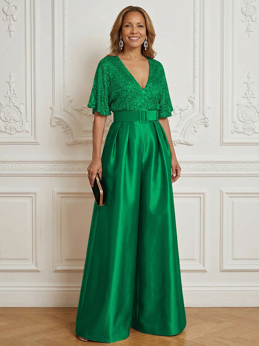 Jumpsuit V Neck Half Sleeve Long Sparkling Mother of the Bride Dresses with Belt