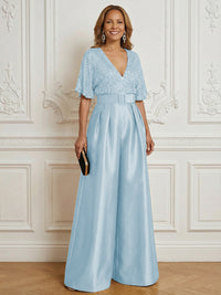 Jumpsuit V Neck Half Sleeve Long Sparkling Mother of the Bride Dresses with Belt