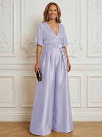 Jumpsuit V Neck Half Sleeve Long Sparkling Mother of the Bride Dresses with Belt